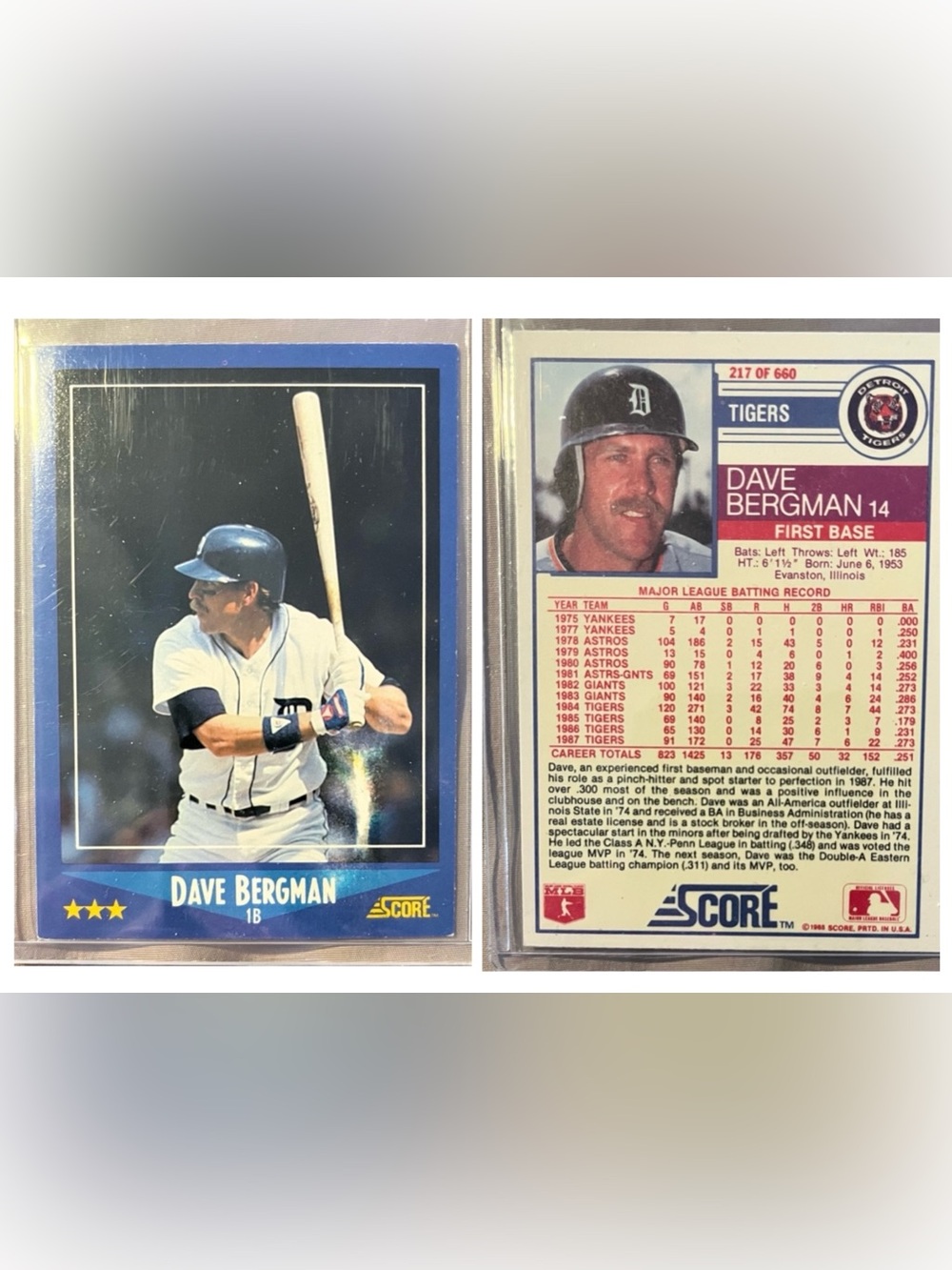 VINTAGE 1988 Dave Bergman Score MLB Detroit Tigers Baseball Trading Card